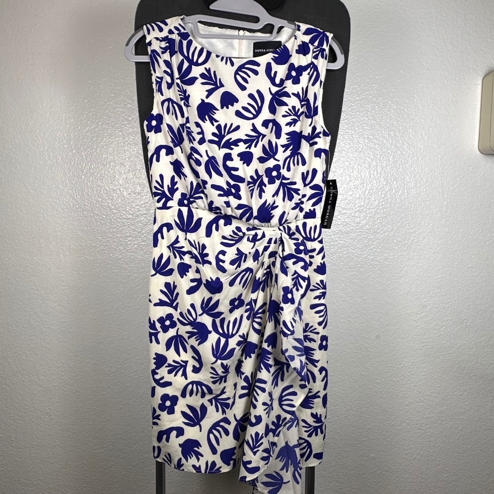 Donna‎ Morgan Ivory Navy Floral Print Sleeveless Faux Wrap Midi Dress